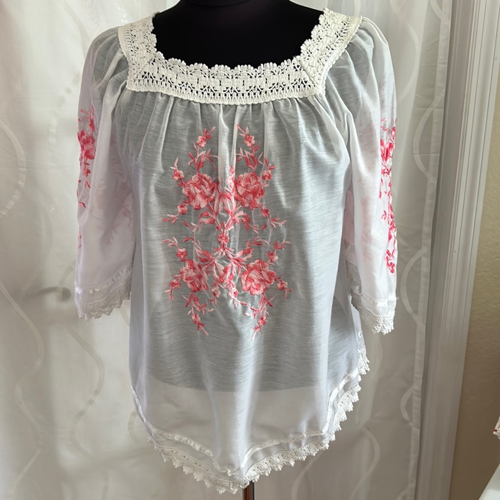 White With Pink Embroidered Floral Design Blouse